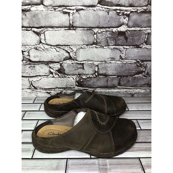 Clarks Collection Brown Leather Slip On Mules Clogs Shoes Women Sz 7.5W US/38EU - Picture 1 of 15
